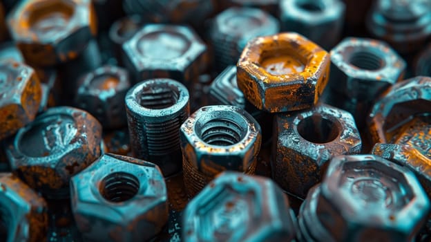 A pile of nuts and bolts are sitting on top of each other