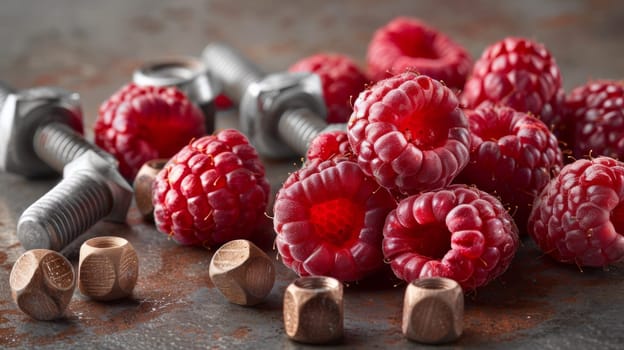 A bunch of raspberries and nuts are sitting on a table