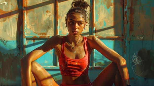 A woman in a red sports bra sitting on the ground