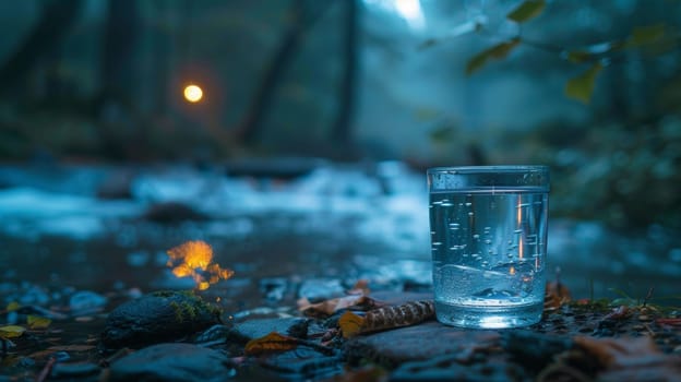 A glass of a cup filled with water sitting on the ground next to some rocks