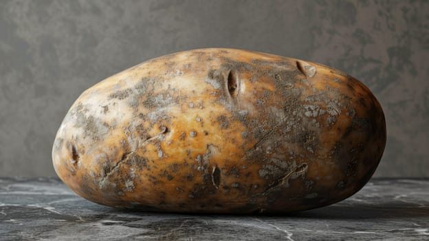 A potato that is sitting on a table with dirt all over it