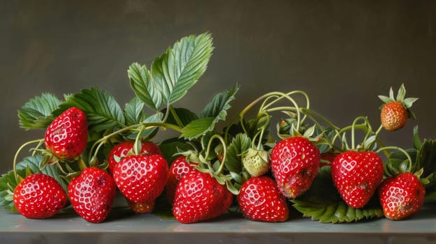 A bunch of strawberries with leaves on a table next to each other