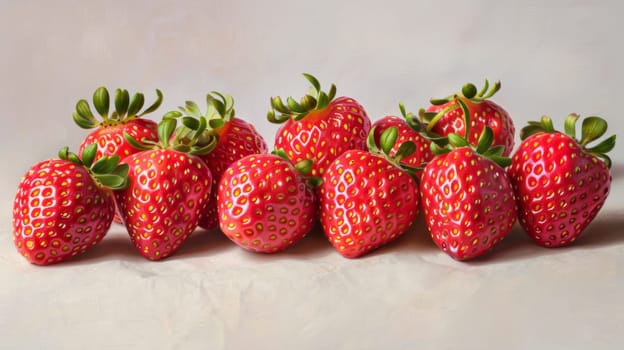 A group of strawberries are lined up on a white surface