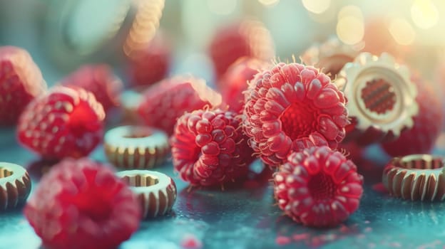 A bunch of raspberries and chocolate covered nuts on a table