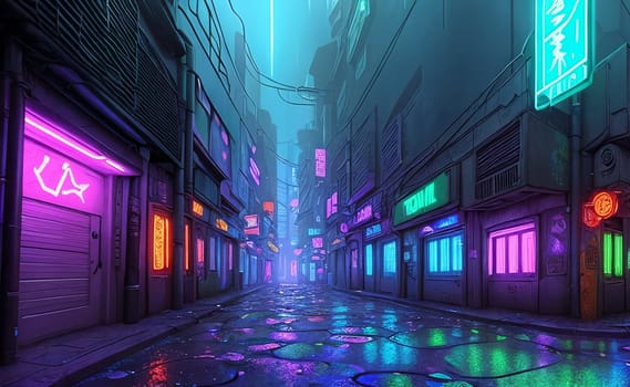 In a cyberpunk alley, neon signs cast a gritty glow on holographic graffiti, rain-soaked pavement glistens under ominous skies.