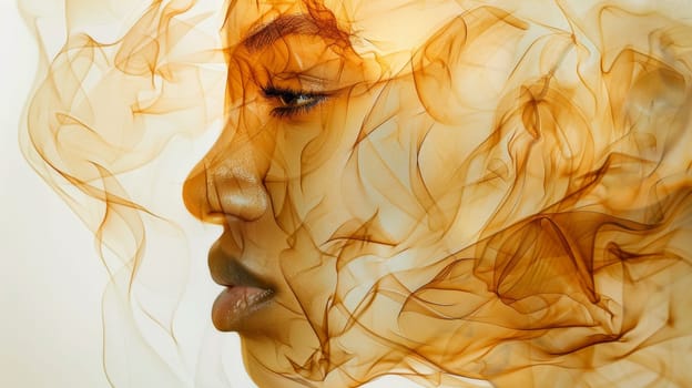 A woman with smoke coming out of her face and hair