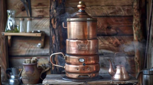 A copper kettle and a large metal pot on top of wooden table