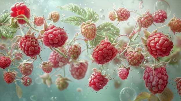 A bunch of raspberries are growing on a green background