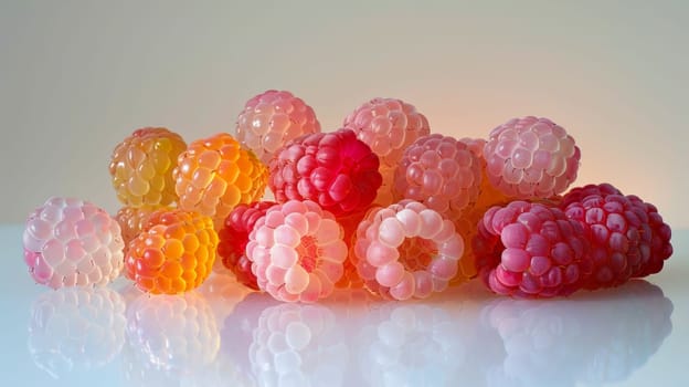 A bunch of raspberries are sitting on a white surface
