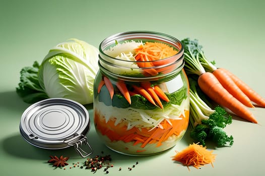 Sauerkraut with carrots and spices in a glass jar. AI generated image.