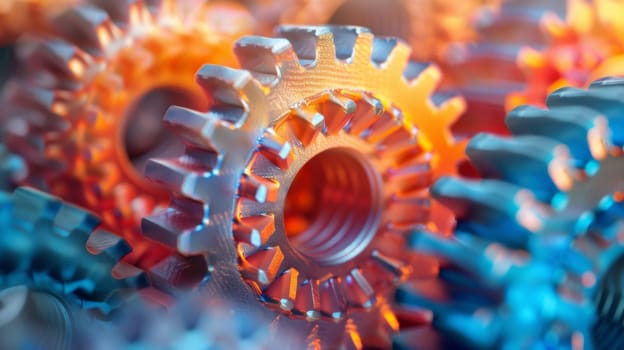 A close up of a bunch of gears that are all different colors