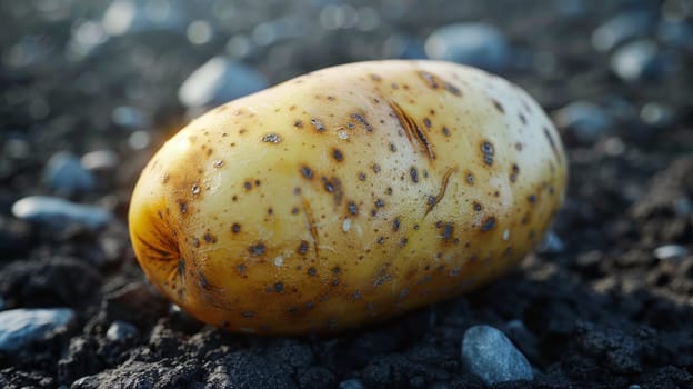 A potato that is sitting on the ground with dirt all over it