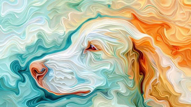 A painting of a dog with swirls and colors on it