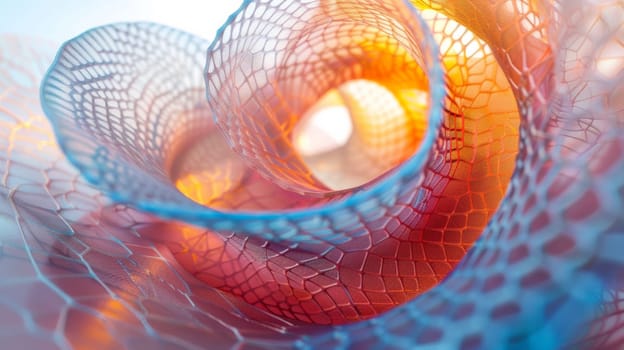 A close up of a colorful abstract sculpture with an orange and blue swirl