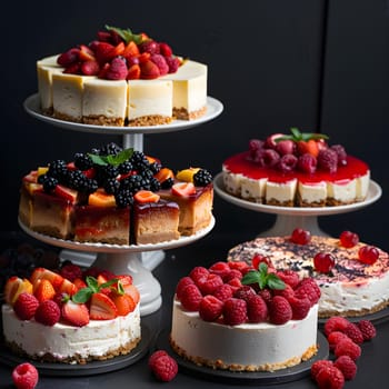 A variety of four cakes are delicately stacked on a table, showcasing different flavors and decorations using strawberries and other ingredients for a visually appealing display