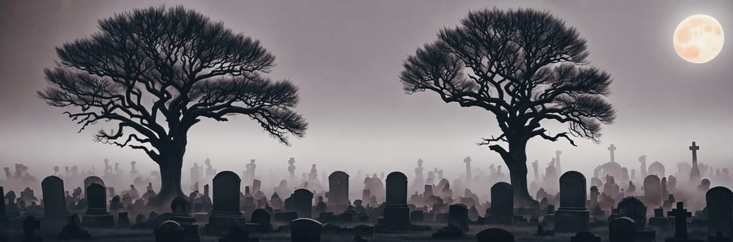 A hauntingly beautiful graveyard shrouded in mist, with weathered tombstones standing sentinel amidst gnarled trees and twisted branches reaching towards the moon.