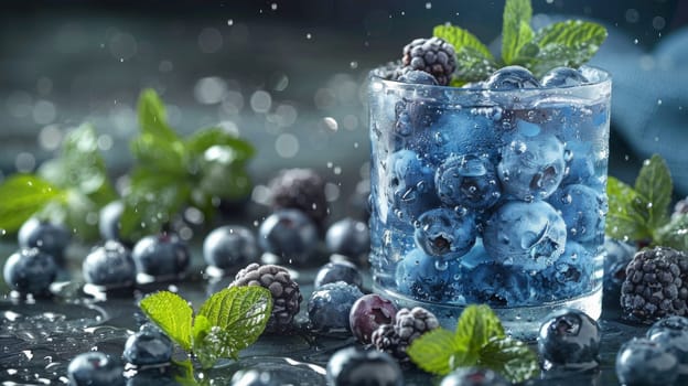 A glass of blueberries and black berries are in a cup