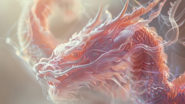 A close up of a dragon with pink and orange colors