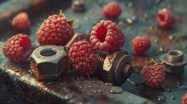 A bunch of raspberries and nuts are sitting on a metal surface