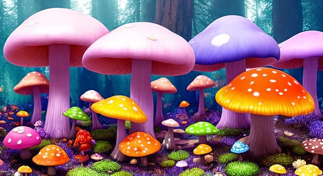 Immerse in a whimsical vibrant mushroom forest Oversized fungi of varied hues paint a surreal, otherworldly scene