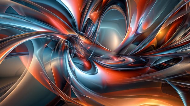 A digital art of a swirling design with orange, blue and red colors