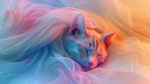 A cat sleeping on a colorful blanket with flowing fabric