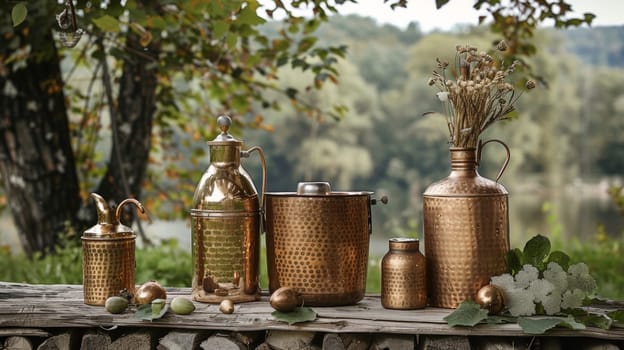 A group of copper vases and bottles on a wooden table