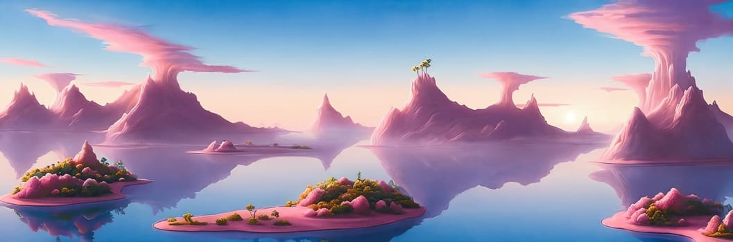 Surreal and dreamlike landscape of floating islands suspended in a pastel-colored sky, connected by delicate bridges and adorned with exotic flora.