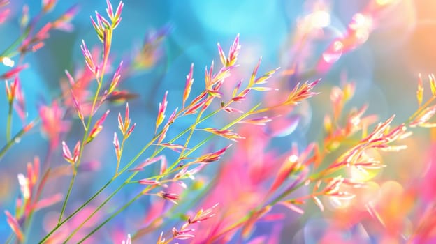 A close up of a bunch of pink flowers with some blue and yellow in the background