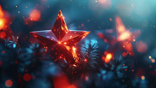 A close up of a red star on top of some christmas trees
