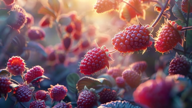 A close up of a bunch of raspberries in the sun