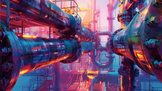 A colorful image of a large industrial pipe system with pipes and valves