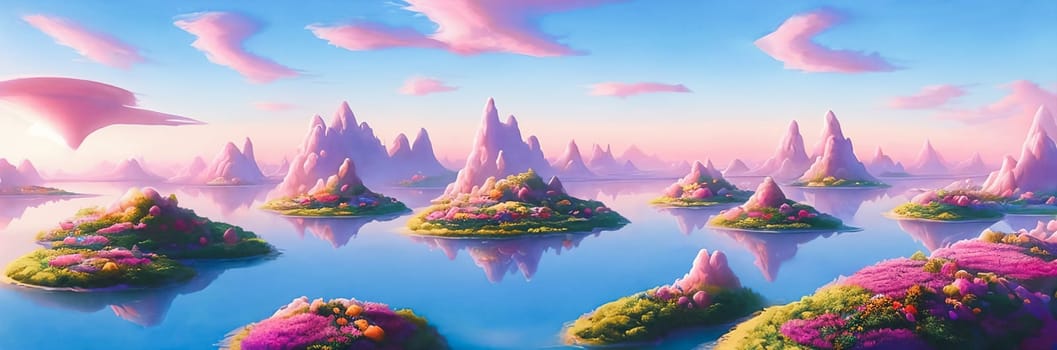 Surreal and dreamlike landscape of floating islands suspended in a pastel-colored sky, connected by delicate bridges and adorned with exotic flora.