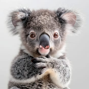 A terrestrial organism, the baby koala with grey fur, snout, whiskers, and paws, is standing with crossed arms, resembling a primate carnivore as it looks directly at the camera