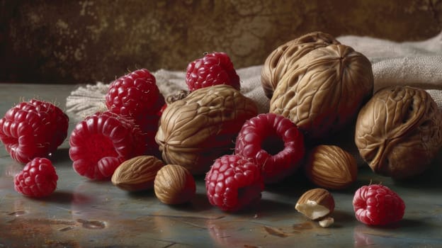 A bunch of nuts and berries on a table with cloth