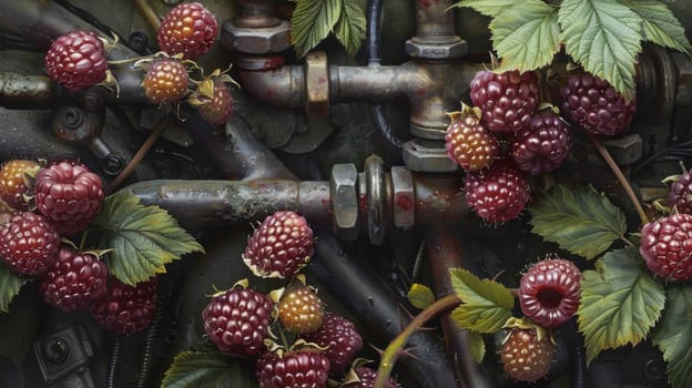 A painting of a bunch of raspberries on pipes and leaves