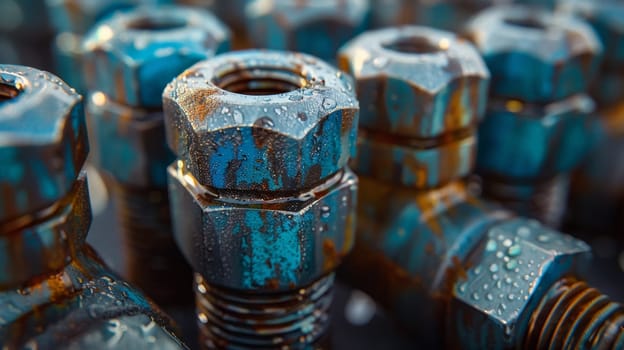 A close up of a bunch of nuts and bolts with water droplets on them