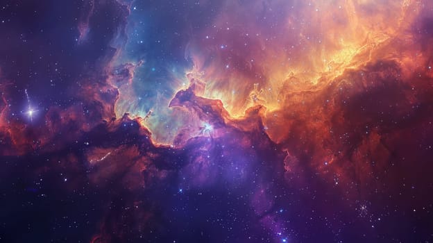 A colorful nebula in space with stars and clouds