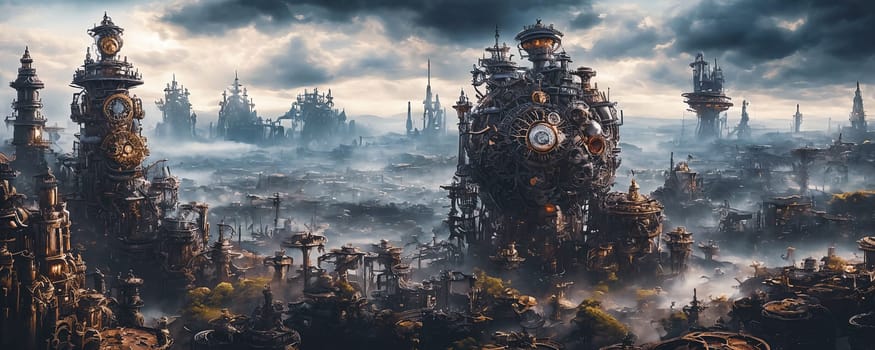 Clockwork Steampunk Planet. A planet that blends fantasy and machinery, featuring colossal, intricately detailed clockwork structures, towering gears, and fantastical steam-powered landscapes