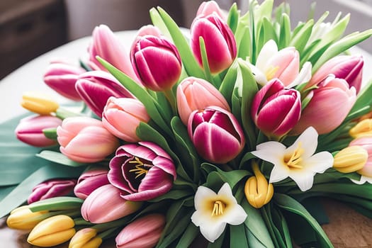 Easter Floral Delight. A composition featuring a variety of fresh spring flowers tulips arranged in a decorative Easter-themed setting, highlighting the vibrant colors and delicate petals.