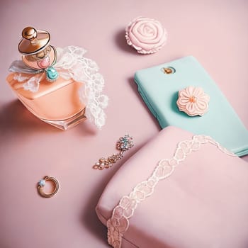 Pastel Palette. A still life scene featuring pastel-colored feminine accessories like a delicate pearl necklace, a lace handkerchief, and a vintage perfume bottle against a soft textured background for a sophisticated and timeless look.