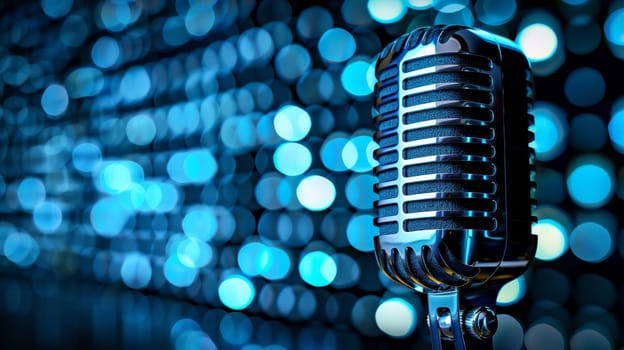 A microphone is placed in front of a blue light background