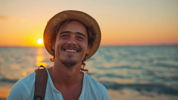 A man smiling at the sun while standing on a beach