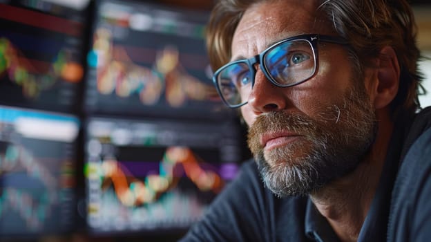 A man with glasses looking at a screen of stock prices