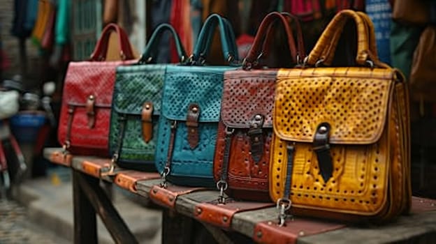 A row of colorful purses sitting on a wooden table