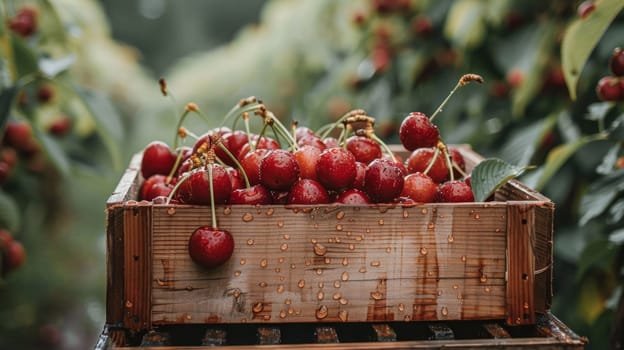 A wooden crate filled with ripe cherries sitting on a vine