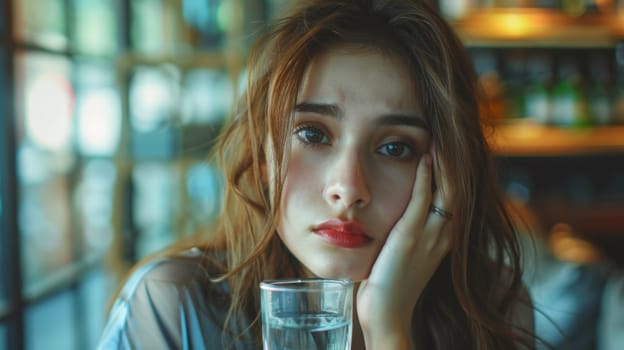 A woman with long hair sitting at a table holding her hand to the side of her face