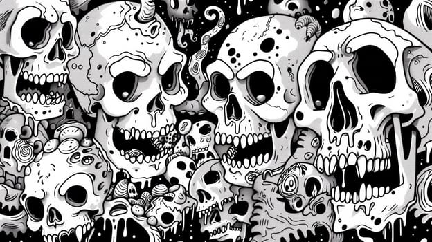 A large group of skulls are shown in this drawing