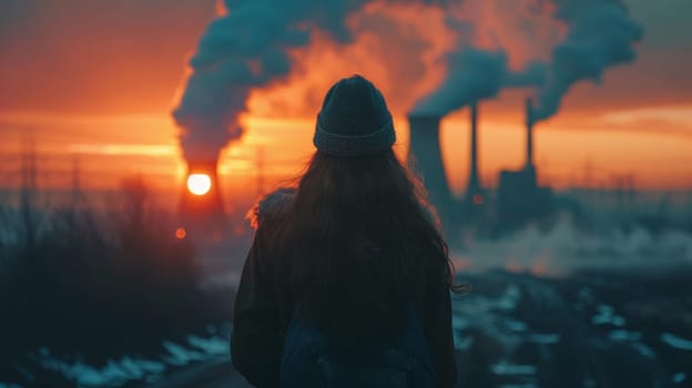 A woman standing in front of a factory with smoke coming out