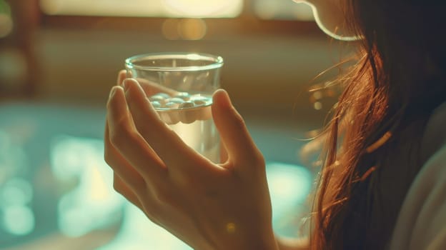 A woman holding a glass of water with small balls in it
